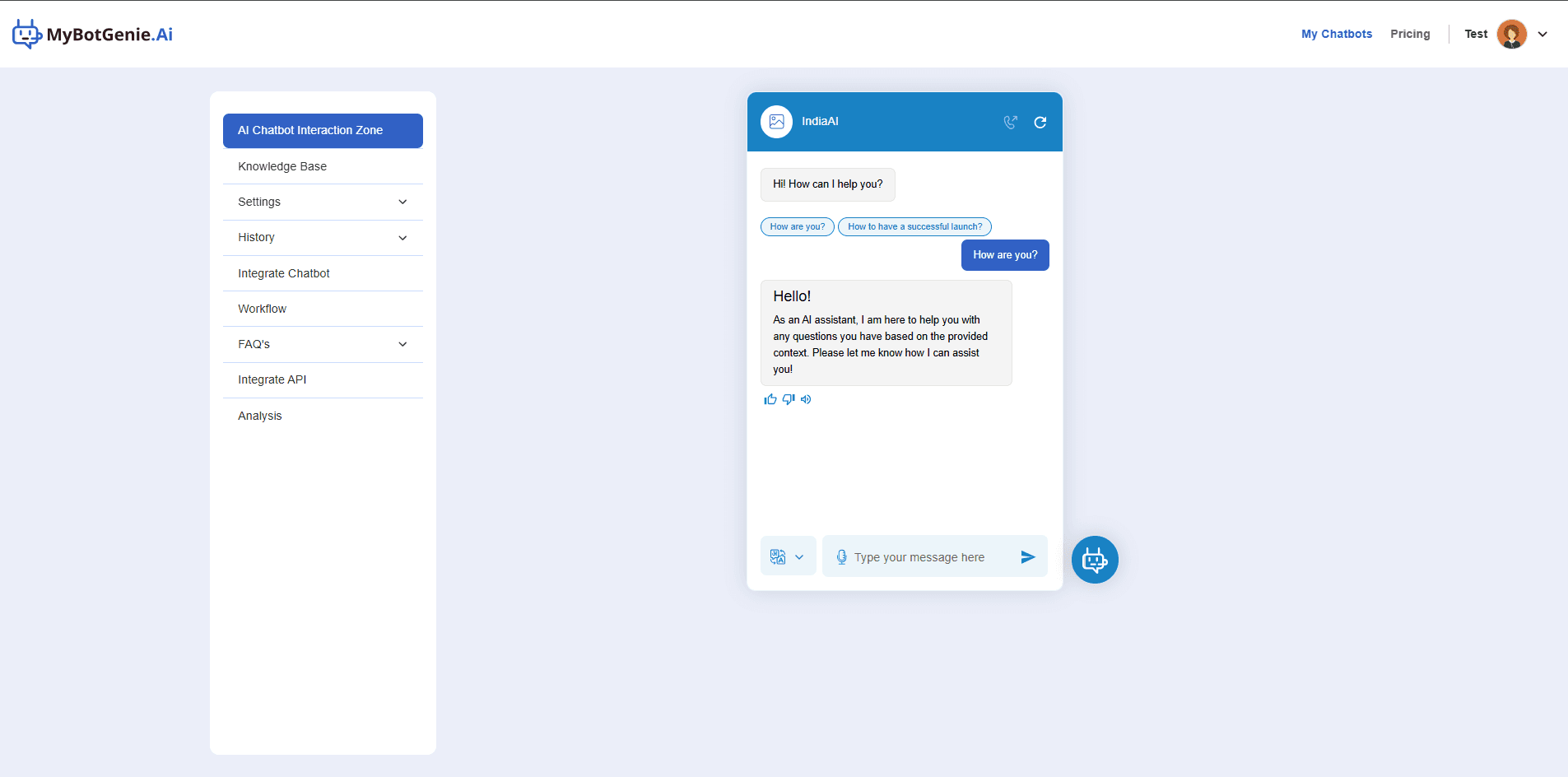 MyBotGenie product interface